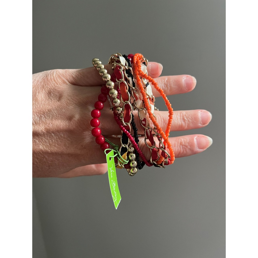 Vera Bradley Red Multi Strand Bracelet Magnetic Clasp Orange Gold Beaded Ribbon